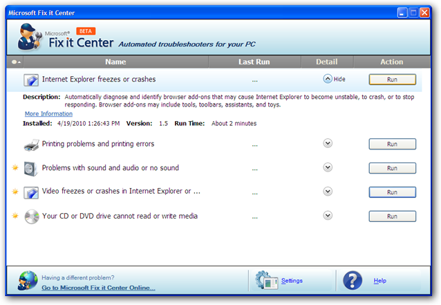 Fix it Center в Windows XP
